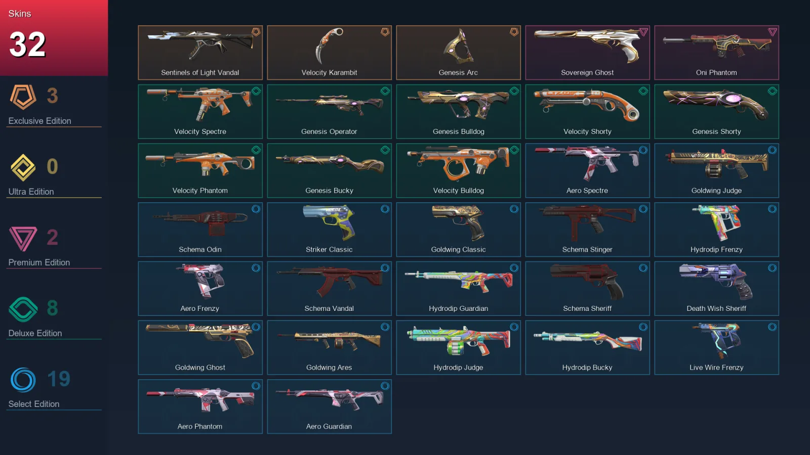 EU | Sentinels of Light Vandal | Velocity Karambit | Genesis Arc | Sovereign Ghost | 32 Skin | 19 Agent | 39 Buddy | Lv84