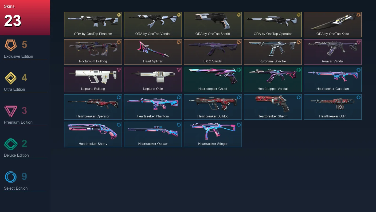 AP | ORA by OneTap Knife | Nocturnum Bulldog | Heart Splitter | EX.O Vandal | 23 Skin | 17 Agent | 28 Buddy | Lv54