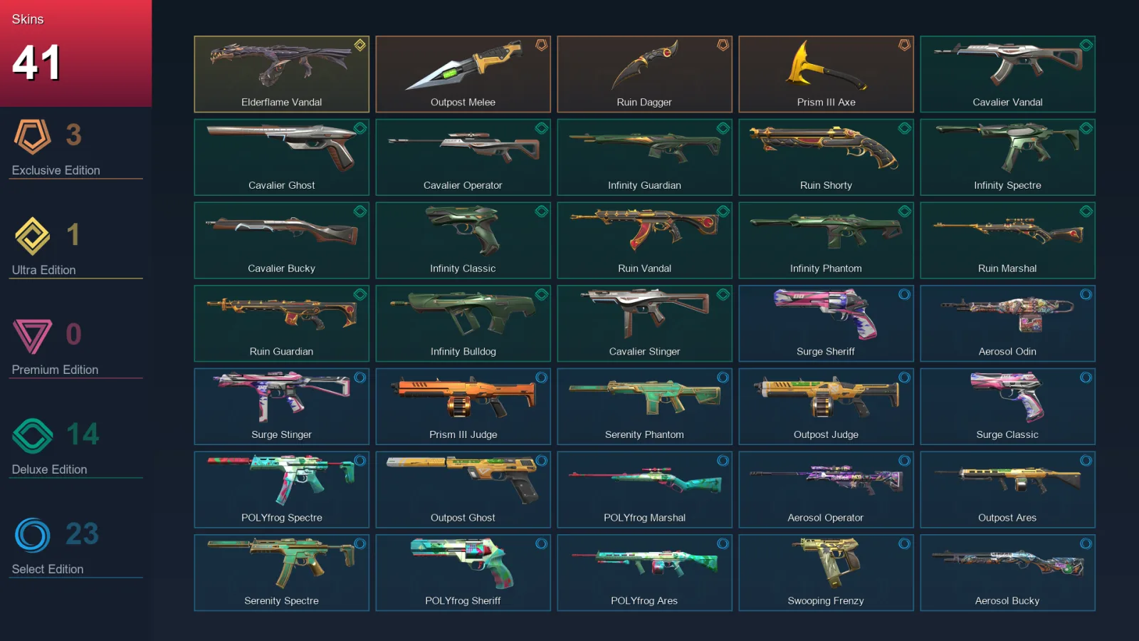 AP | Outpost Melee | Ruin Dagger | Prism III Axe | Elderflame Vandal | 41 Skin | 20 Agent | 55 Buddy | Lv59