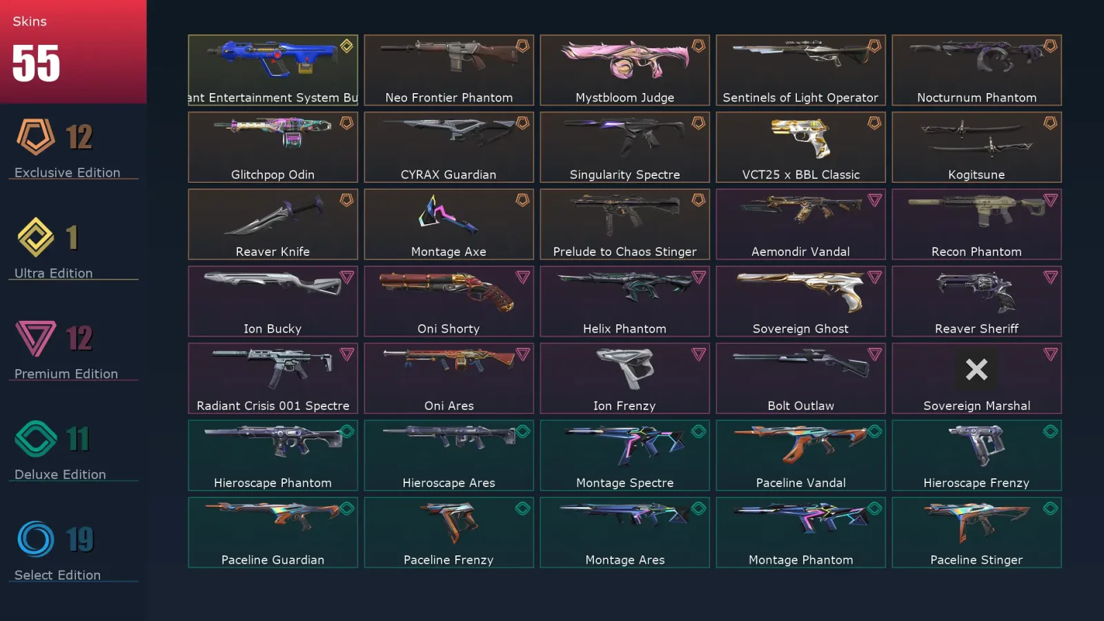 [Valorant] | EU | Level 31 | Platinum 3 | 11 Agents | 55 Skins