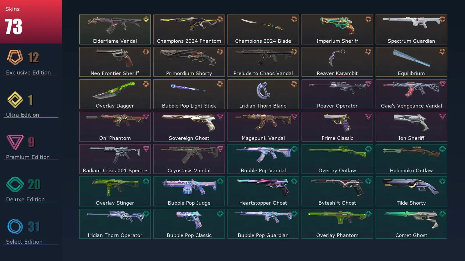 [Valorant] | EU | Level 334 | Diamond 3 | 28 Agents | 73 Skins