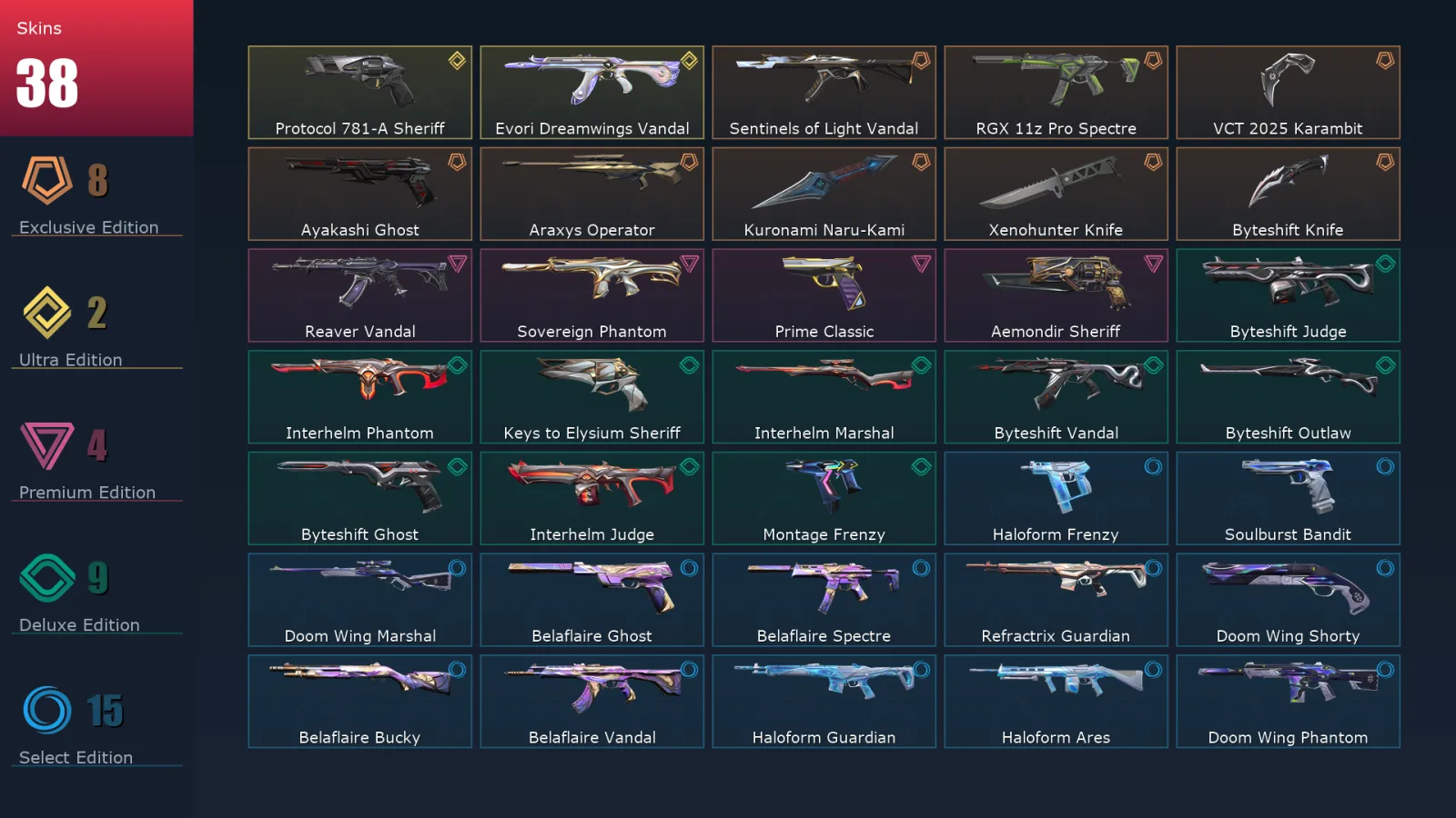 [Valorant] | EU | Level 121 | Gold 3 | 28 Agents | 38 Skins