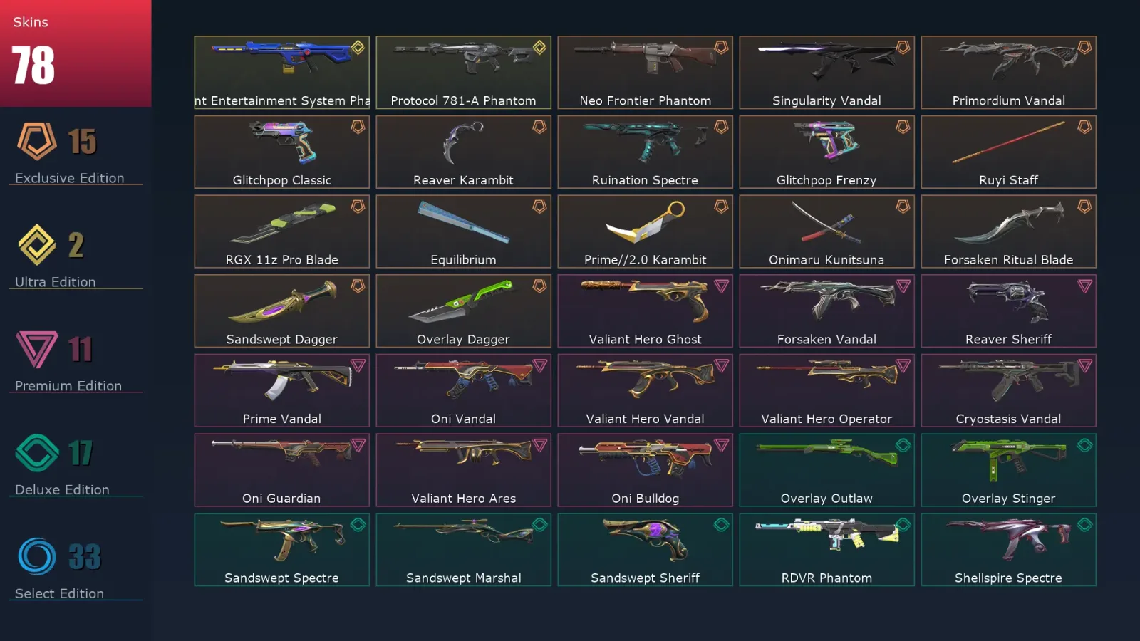 [Valorant] | EU | Level 91 | Diamond 3 | 21 Agents | 78 Skins