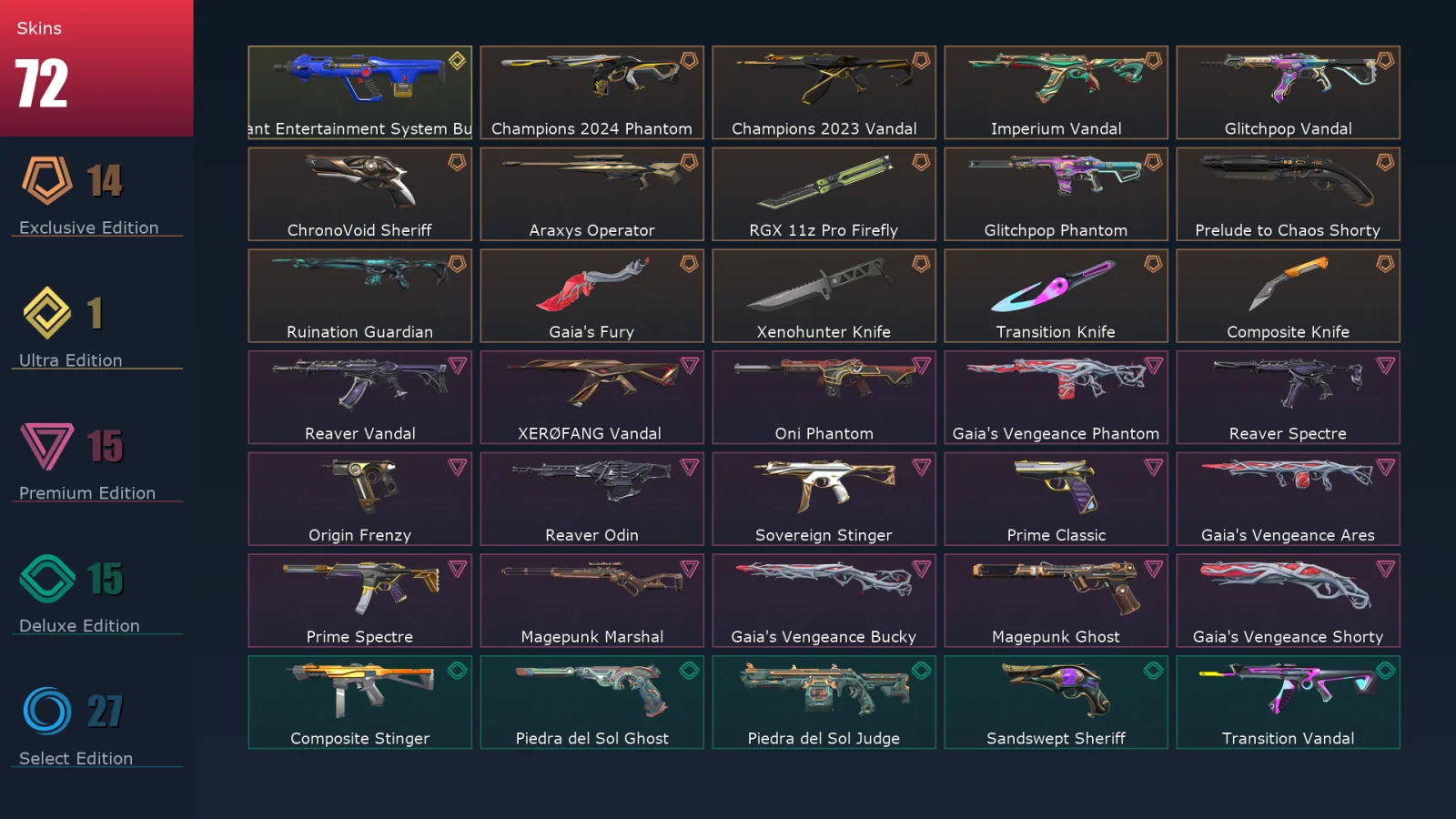 [Valorant] | EU | Level 207 | 27 Agents | 72 Skins