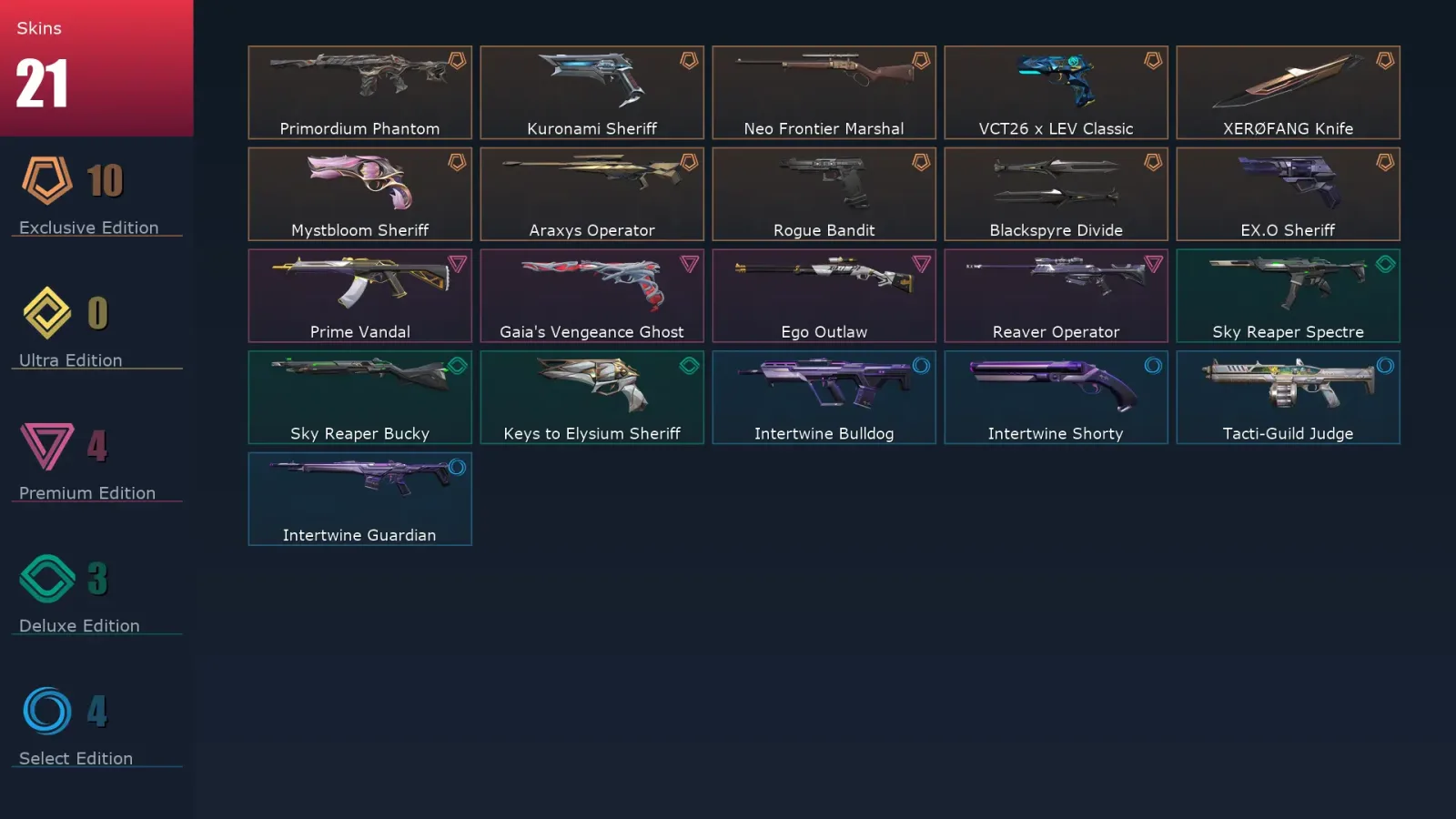 [Valorant] | EU | Level 35 | Silver 1 | 10 Agents | 21 Skins