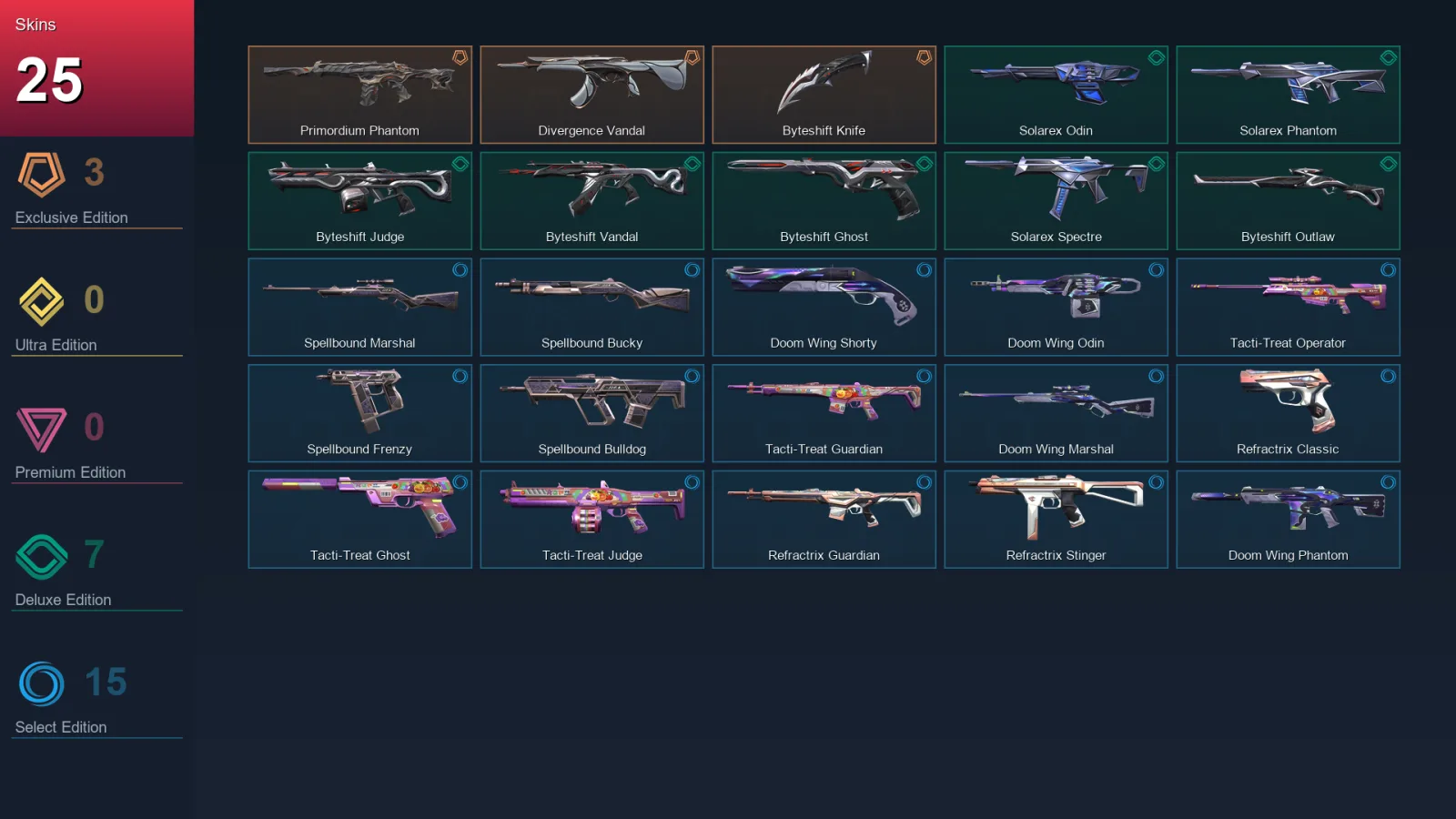 AP | Primordium Phantom | Divergence Vandal | Byteshift Knife | Solarex Odin | 25 Skin | 19 Agent | 26 Buddy | Lv52