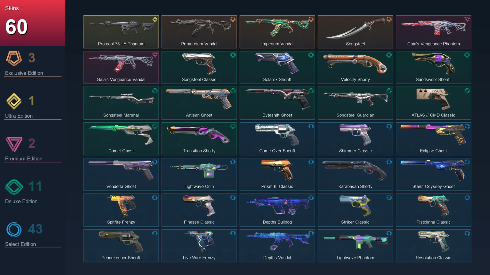 AP | Primordium Vandal | Imperium Vandal | Songsteel | Protocol 781-A Phantom | 60 Skin | 27 Agent | 152 Buddy | Lv673