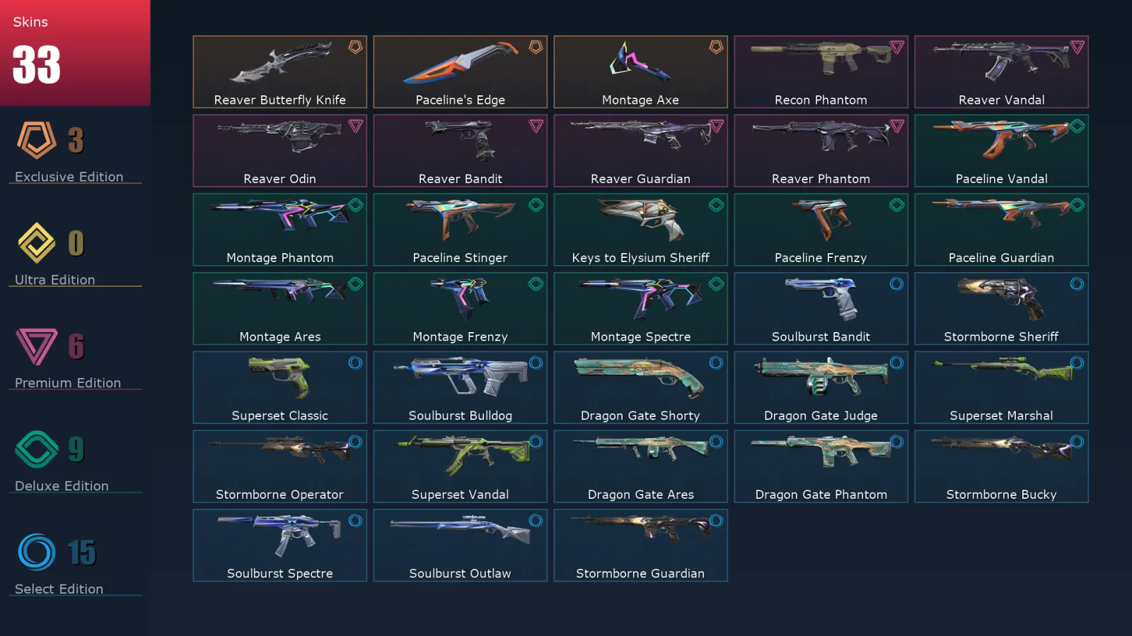 [Valorant] | EU | Level 53 | Diamond 1 | 15 Agents | 33 Skins