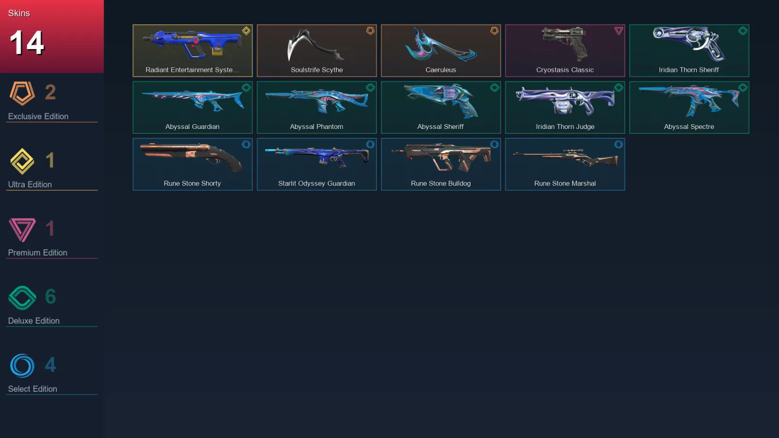 NA | Lv22 | Unranked | 14 Skin | 8 Agent | 9 Buddy