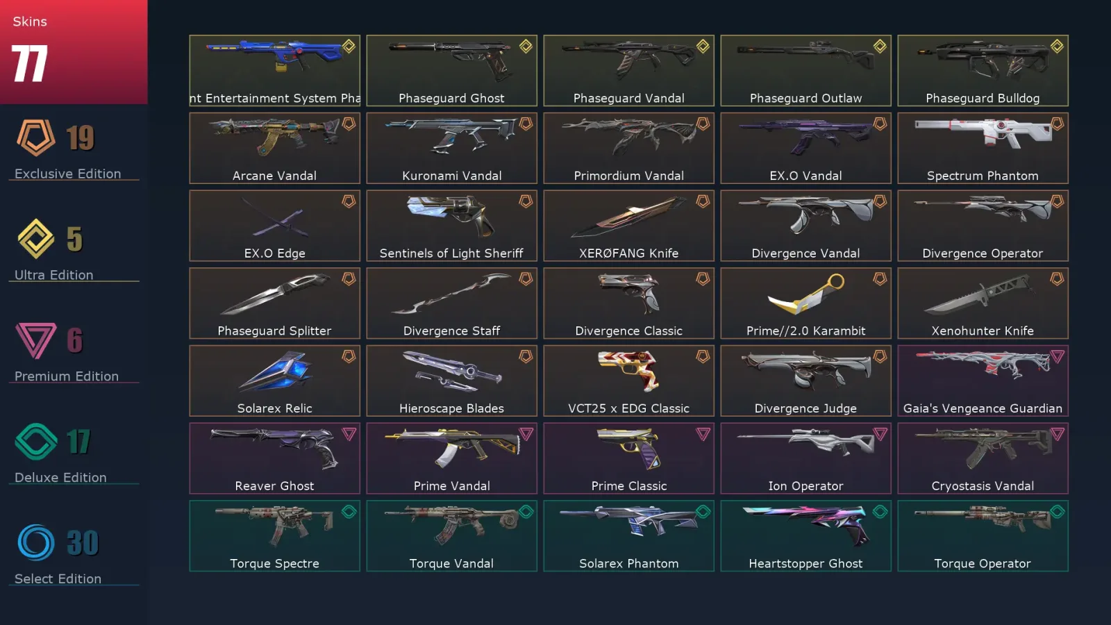 [Valorant] | EU | Level 76 | 18 Agents | 77 Skins