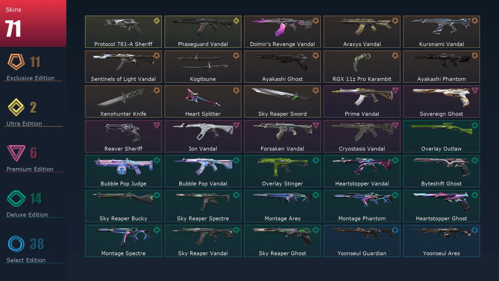 [Valorant] | EU | Level 148 | Diamond 2 | 29 Agents | 71 Skins