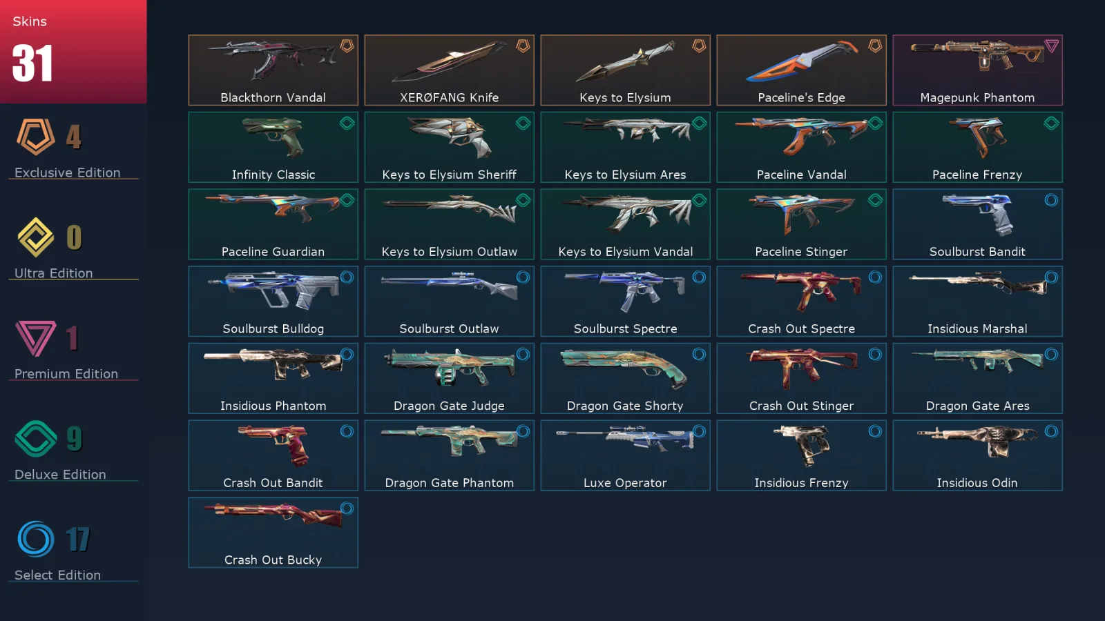 [Valorant] | EU | Level 87 | Gold 2 | 28 Agents | 31 Skins