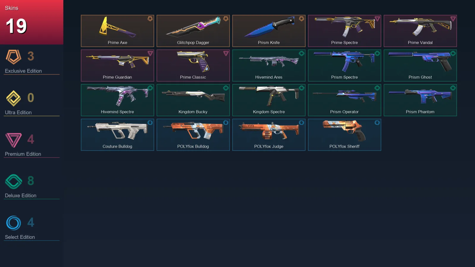 NA | Lv1 | Unranked | 19 Skin | 8 Agent | 12 Buddy