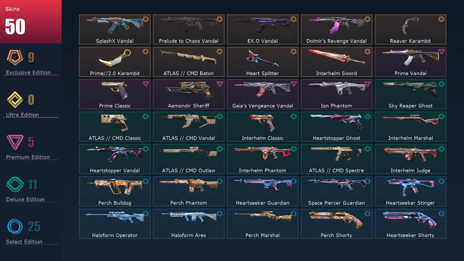 [Valorant] | EU | Level 158 | 29 Agents | 50 Skins