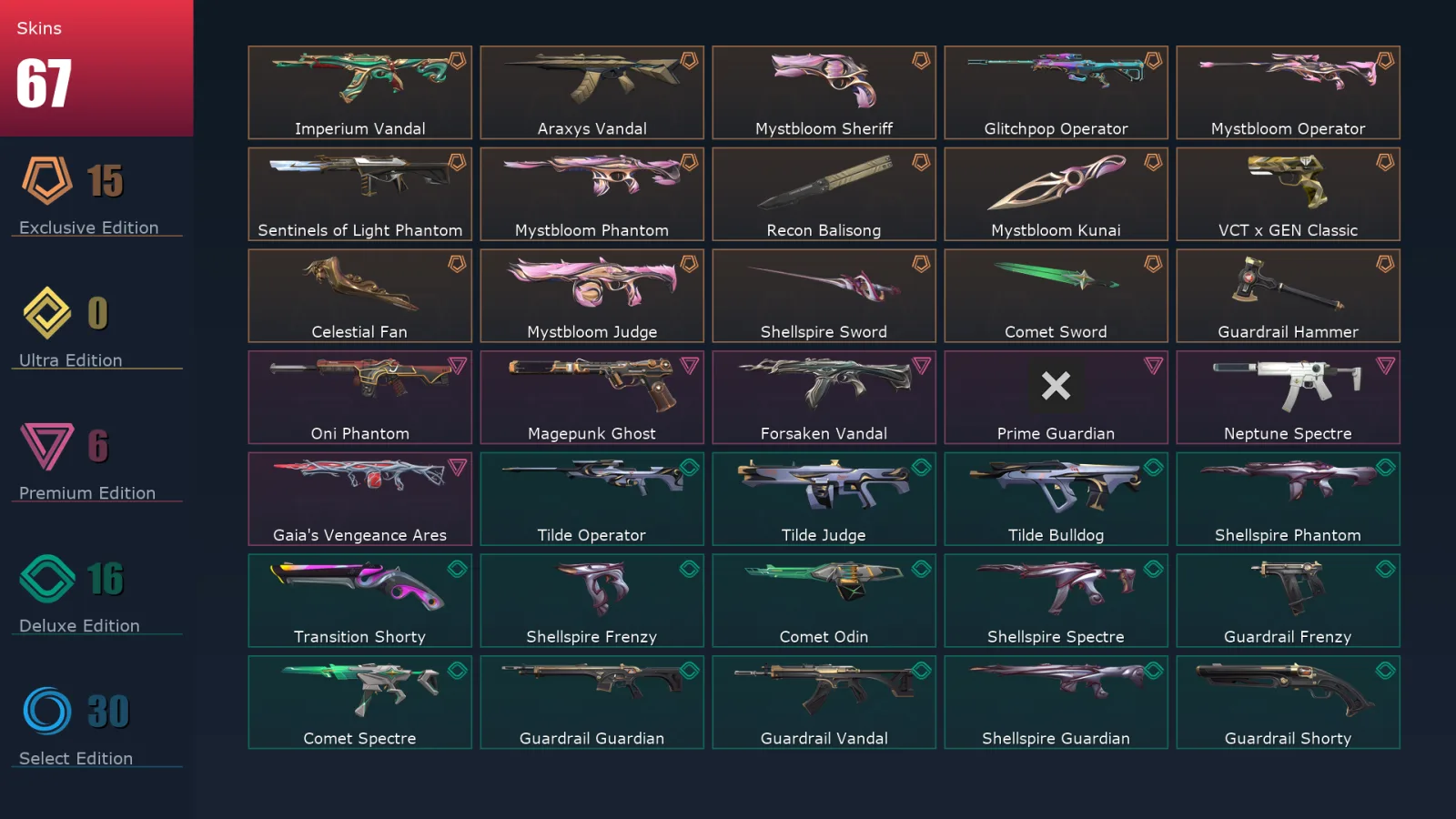 [Valorant] | EU | Level 98 | 26 Agents | 67 Skins