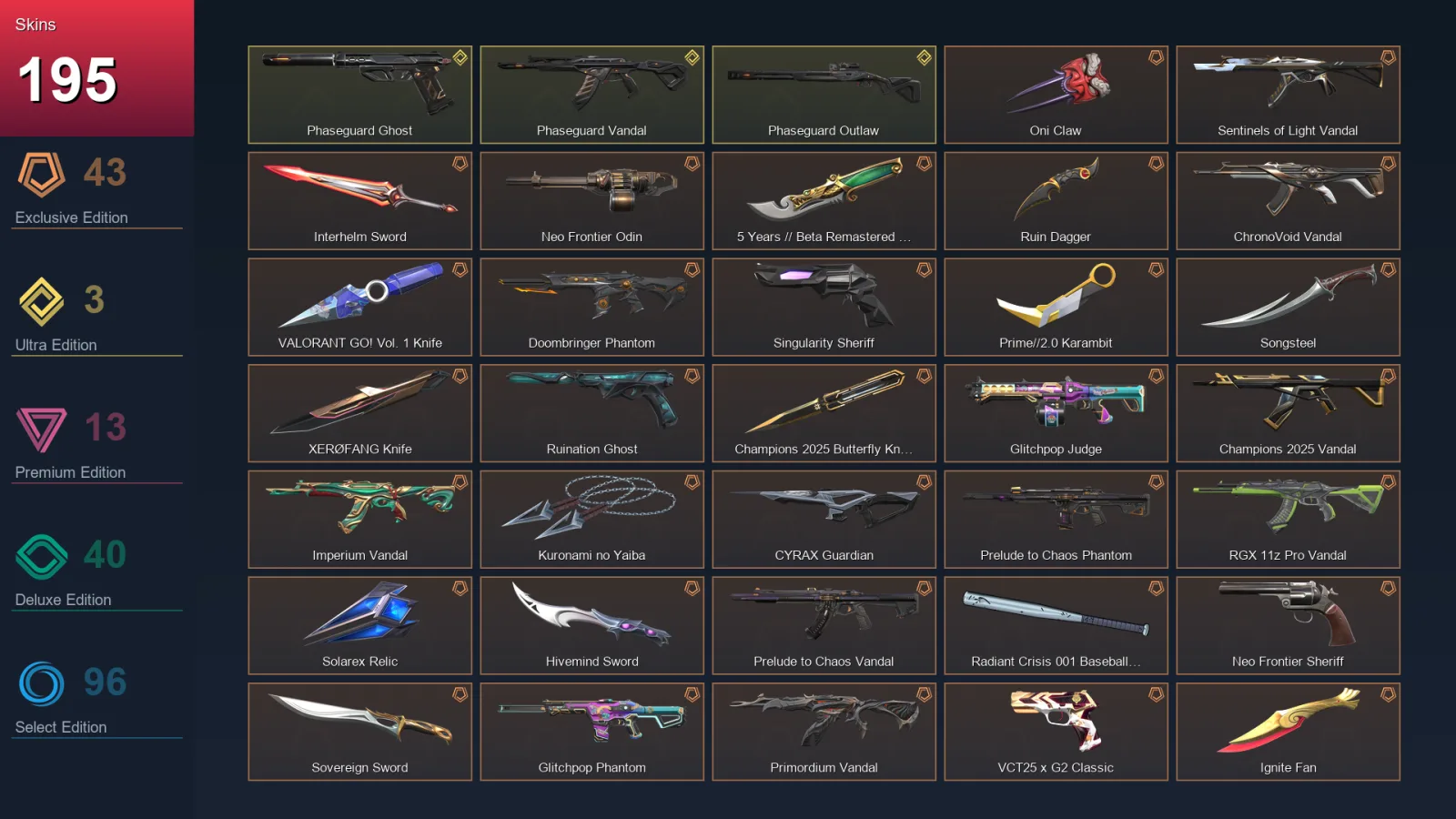 NA | Oni Claw | Sentinels of Light Vandal | Interhelm Sword | Neo Frontier Odin | 195 Skin | 29 Agent | 214 Buddy | Lv574