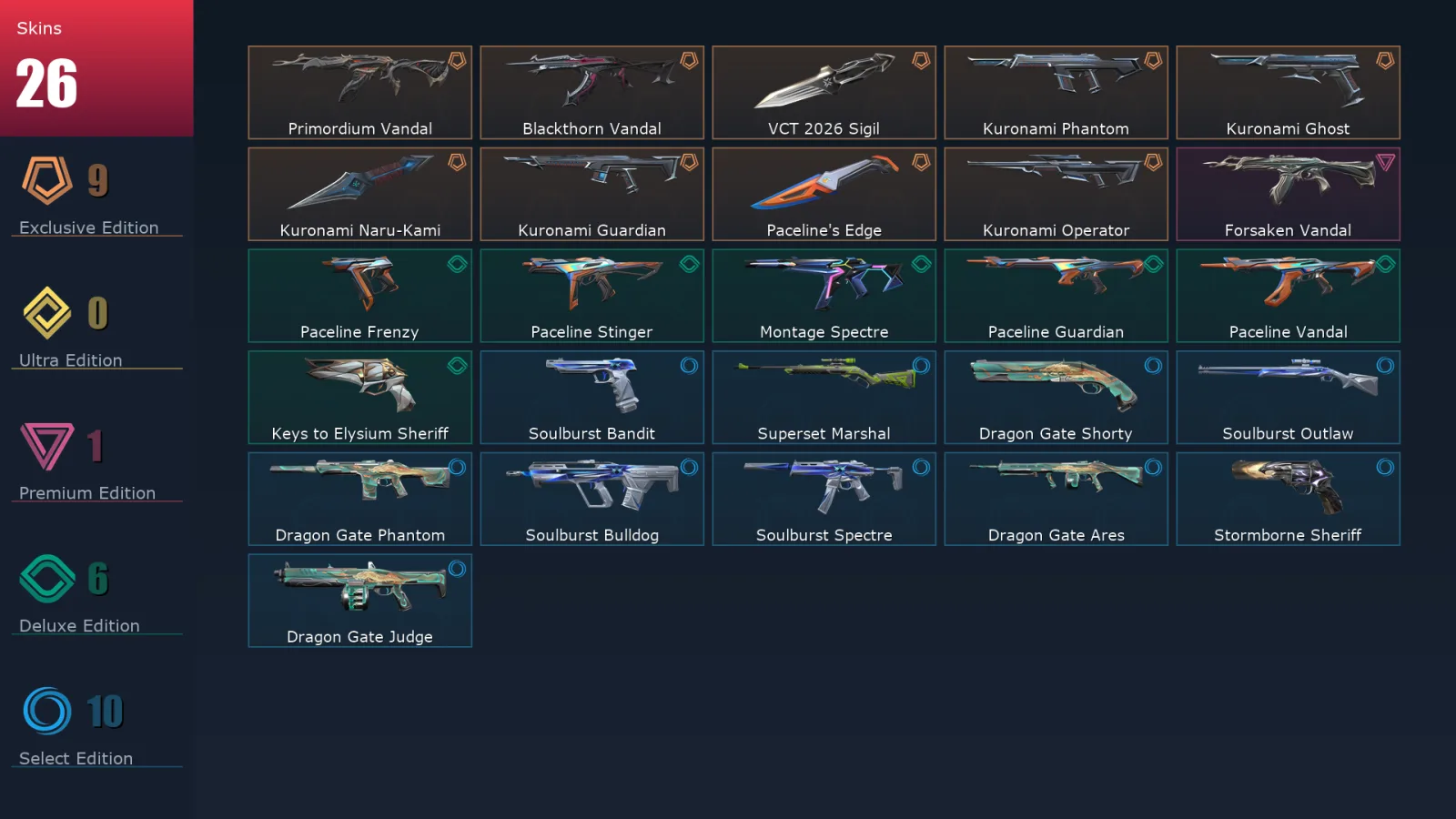 [Valorant] | EU | Level 59 | Platinum 1 | 17 Agents | 26 Skins