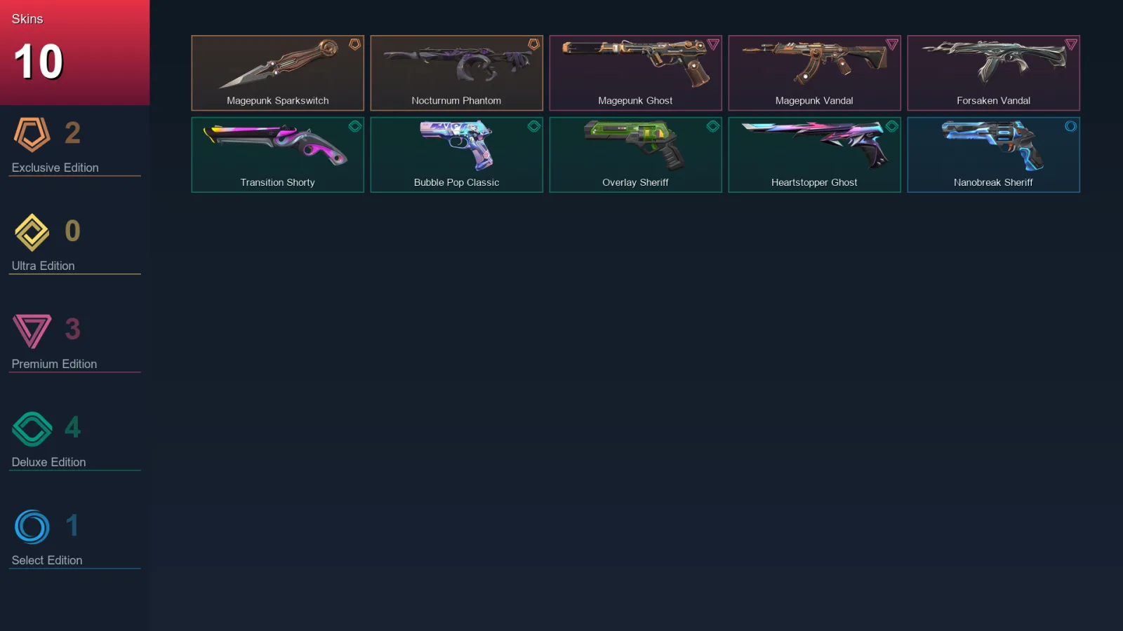 AP | Magepunk Sparkswitch | Nocturnum Phantom | Magepunk Ghost | Magepunk Vandal | 10 Skin | 28 Agent | 44 Buddy | Lv118