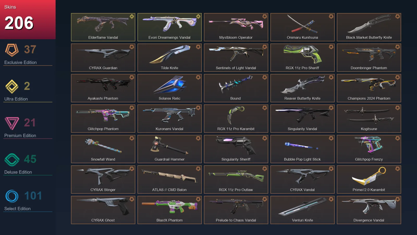 NA | Lv207 | Unranked | 206 Skin | 28 Agent | 165 Buddy — Valorant account