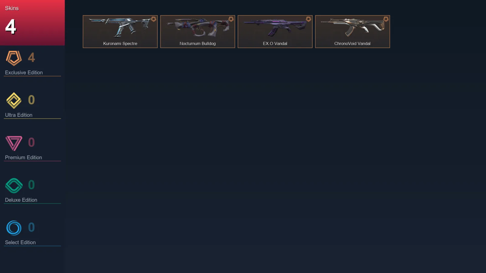 NA | Kuronami Spectre | Nocturnum Bulldog | EX.O Vandal | ChronoVoid Vandal | 4 Skin | 14 Agent | 15 Buddy | Lv36