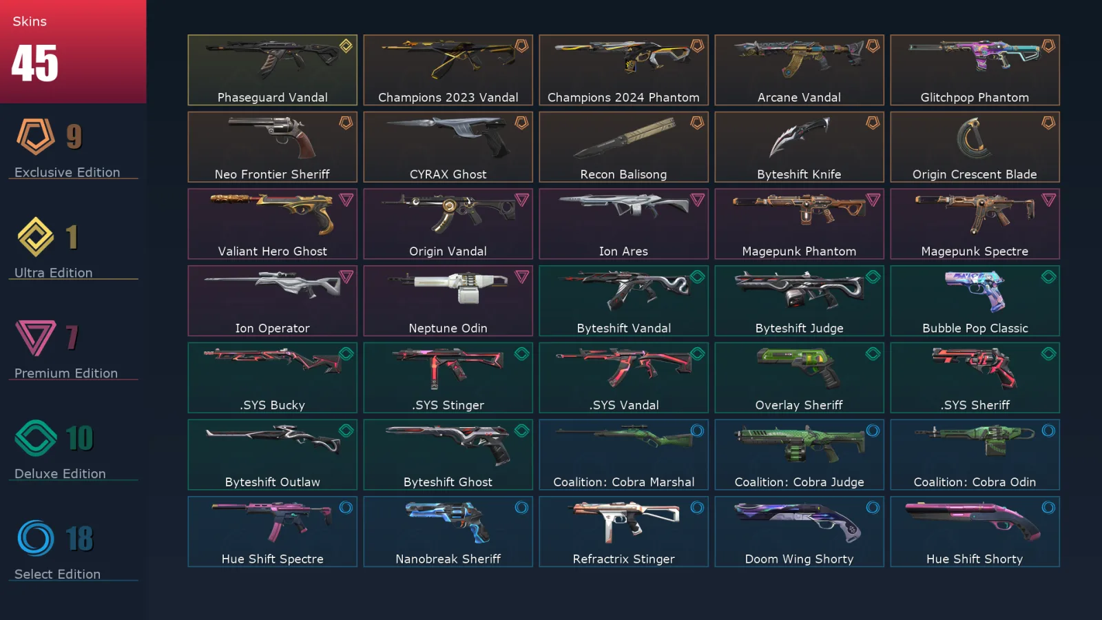[Valorant] | EU | Level 171 | Gold 1 | 29 Agents | 45 Skins