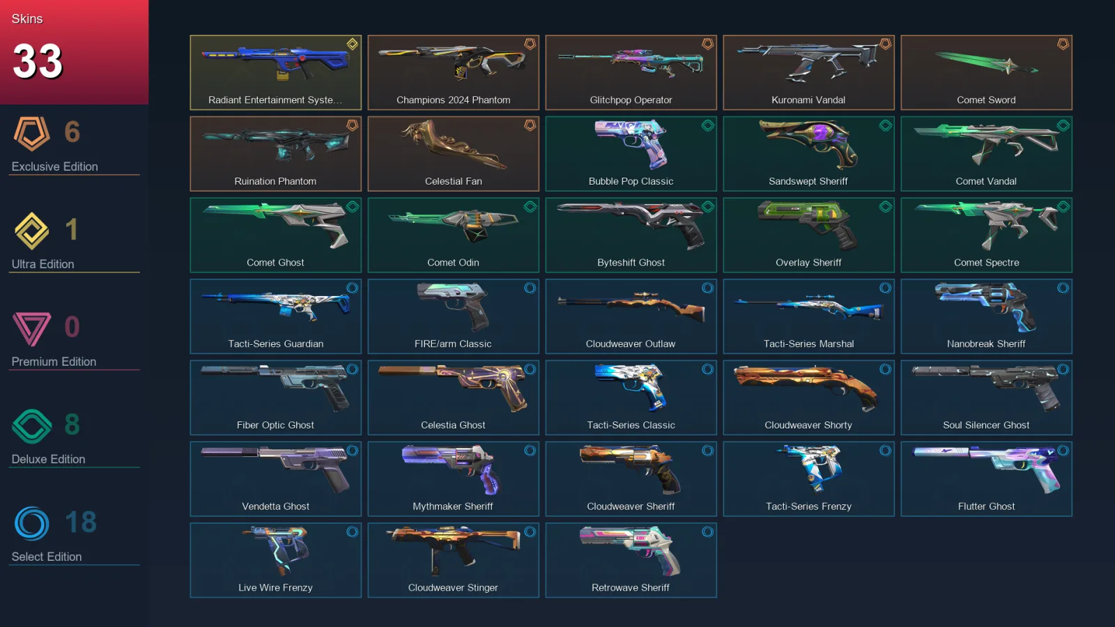 AP | Lv178 | Unranked | 33 Skin | 24 Agent | 75 Buddy