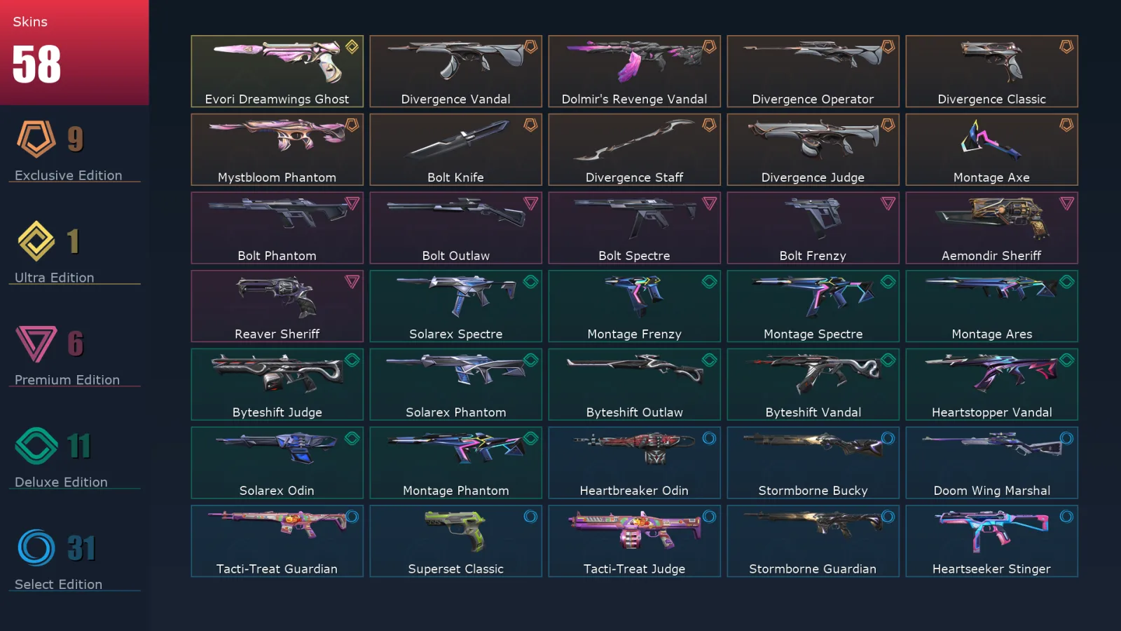 [Valorant] | EU | Level 93 | Platinum 2 | 24 Agents | 58 Skins