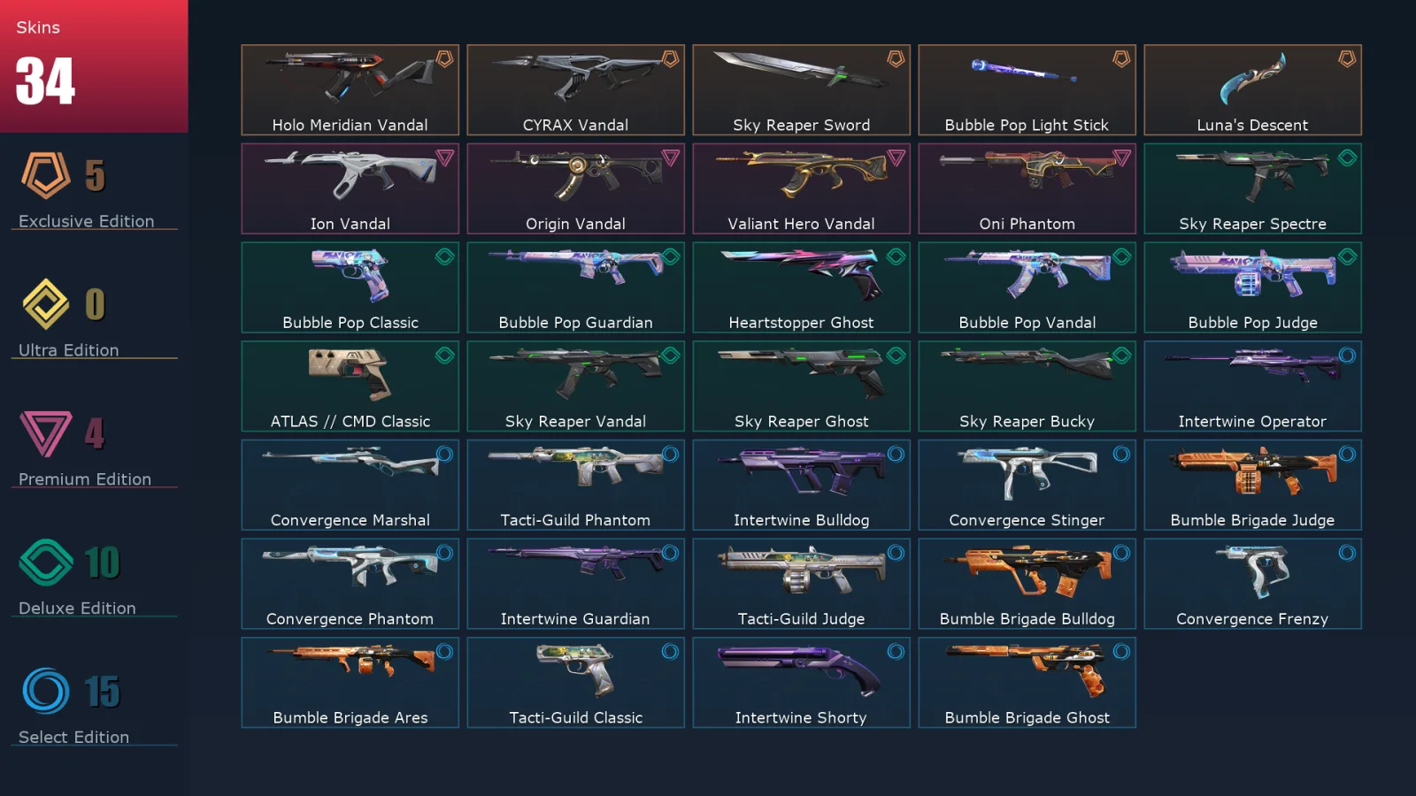 [Valorant] | EU | Level 109 | Silver 1 | 25 Agents | 34 Skins