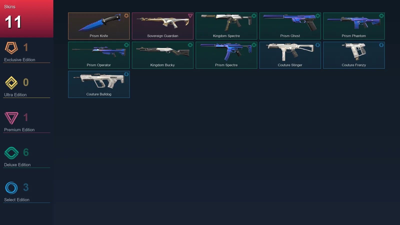 EU | Lv1 | Unranked | 11 Skin | 7 Agent | 7 Buddy — Kingdom Spectre