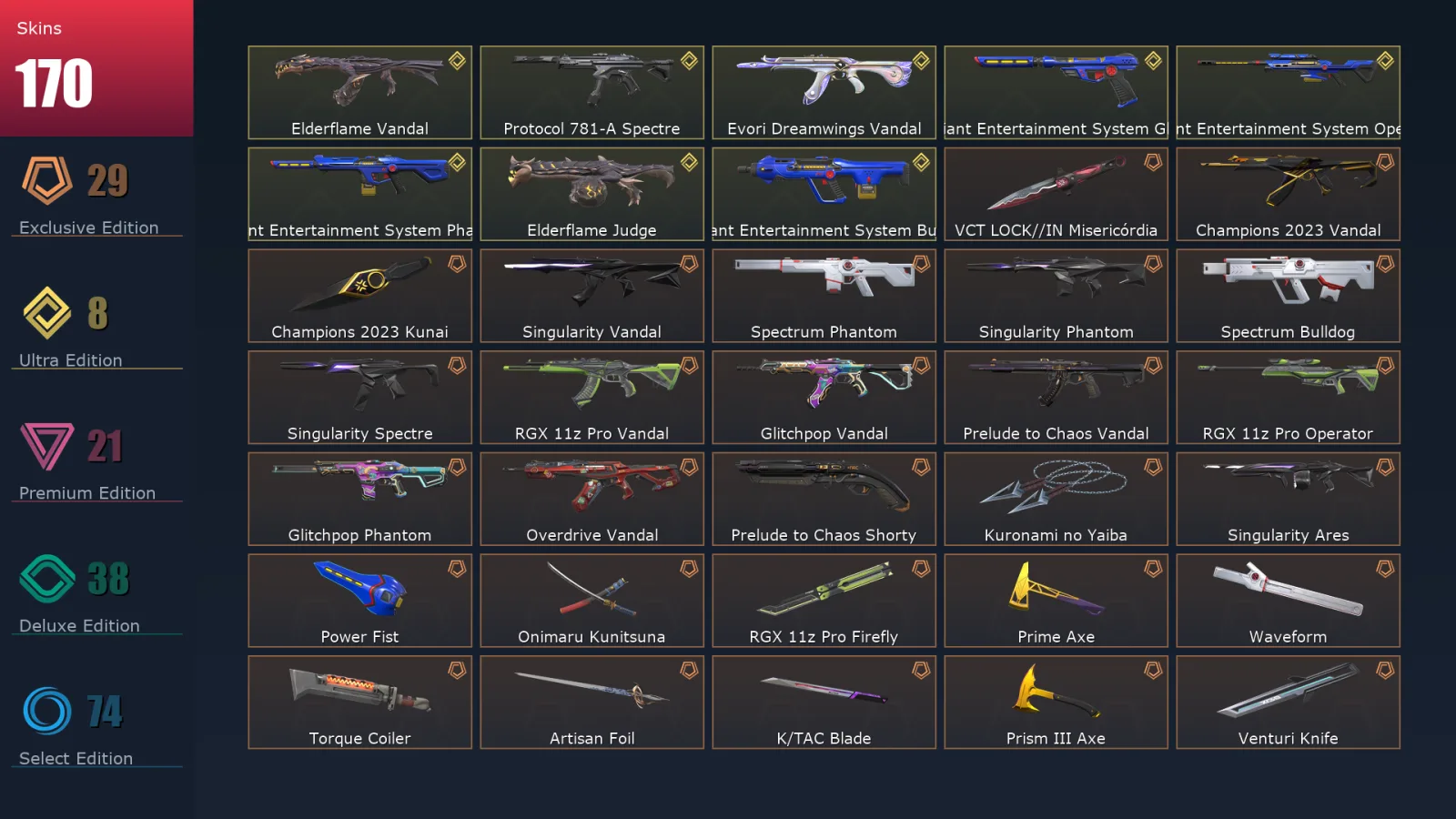 [Valorant] | EU | Level 238 | Bronze 1 | 29 Agents | 170 Skins