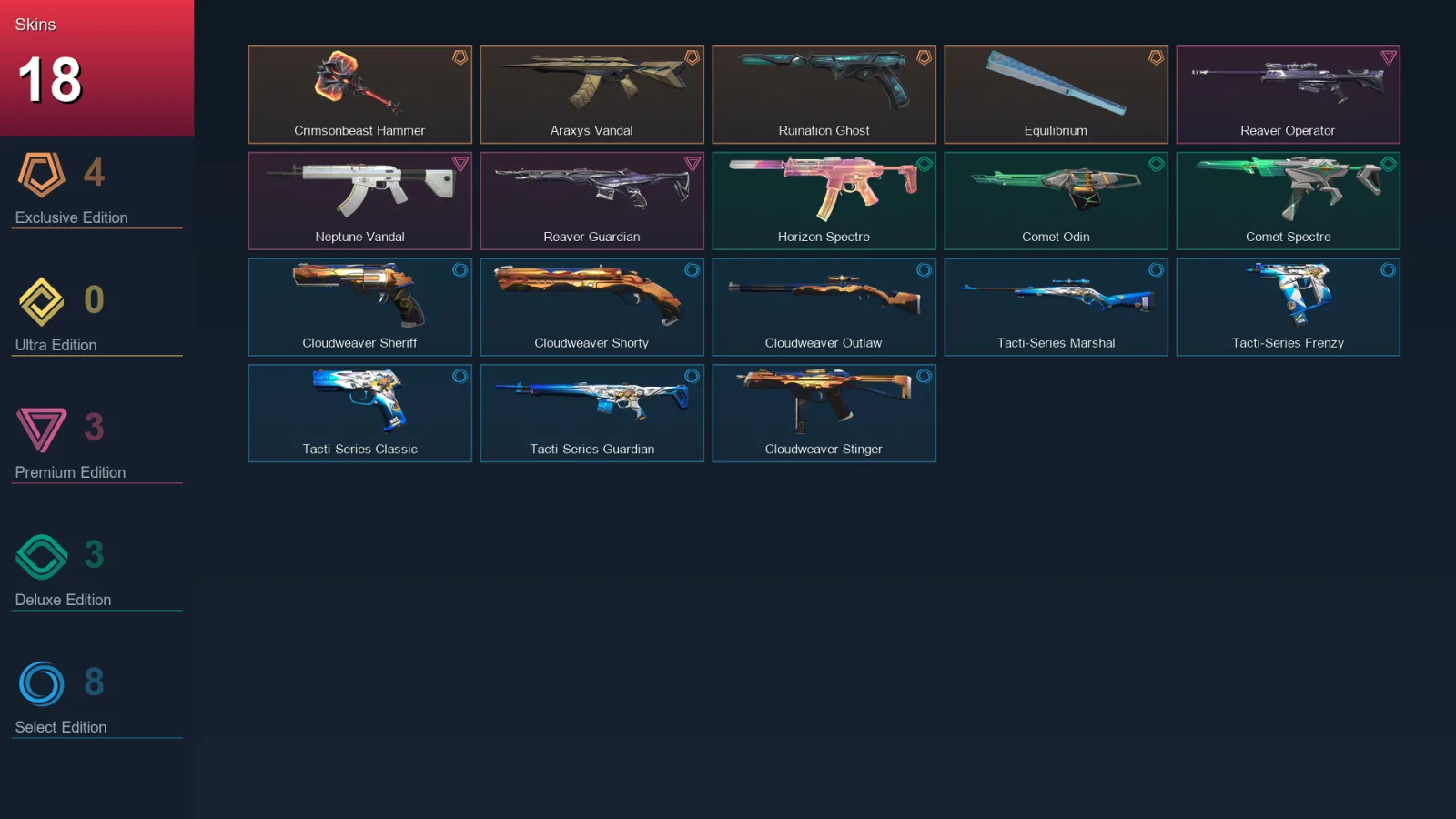 NA | Lv30 | Unranked | 18 Skin | 11 Agent | 14 Buddy — Cloudweaver Stinger