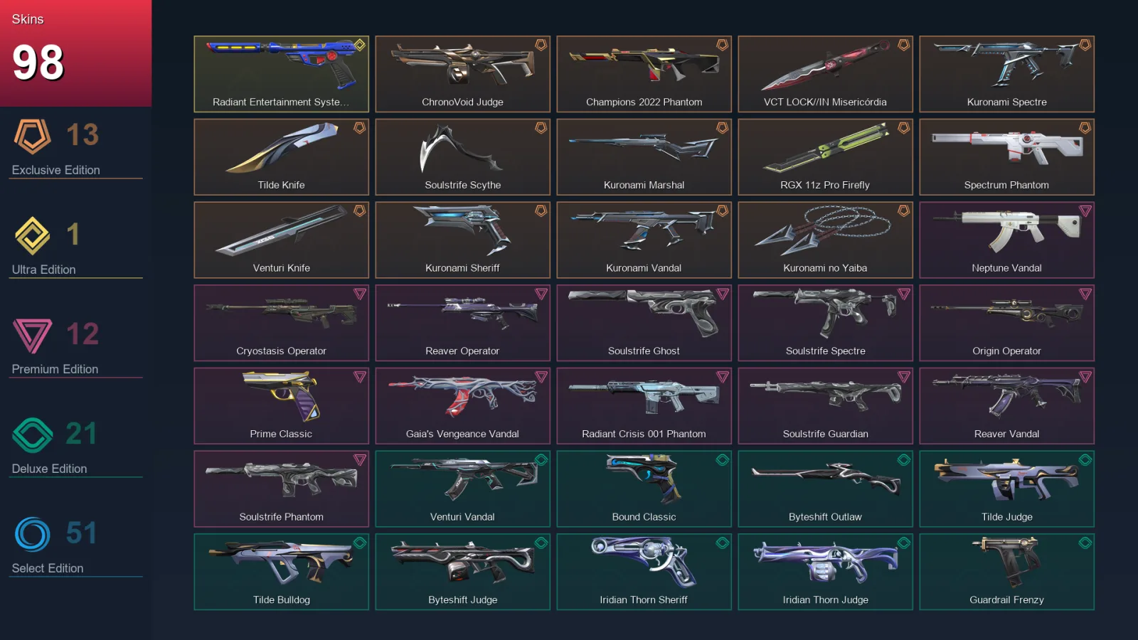 EU | Lv121 | Unranked | 98 Skin | 27 Agent | 87 Buddy