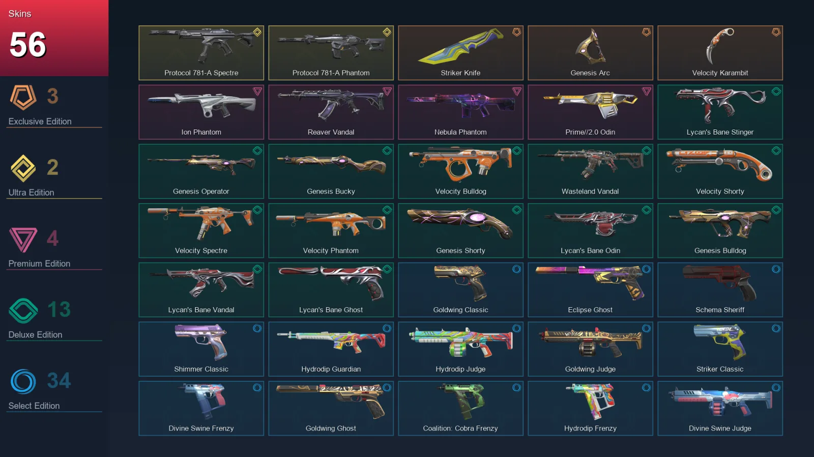 AP | Striker Knife | Genesis Arc | Velocity Karambit | Protocol 781-A Spectre | 56 Skin | 28 Agent | 79 Buddy | Lv195