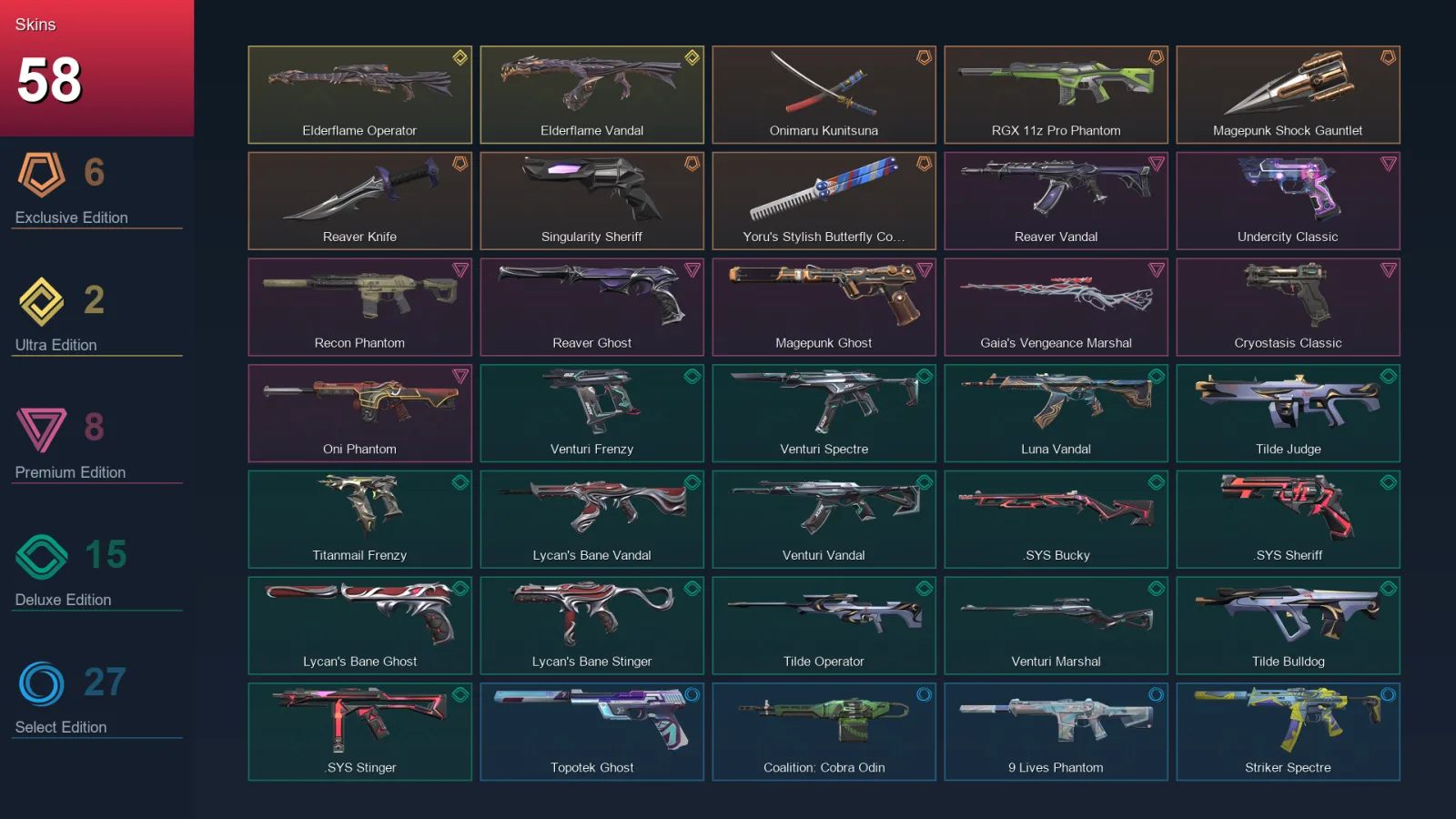EU | Lv45 | Unranked | 58 Skin | 12 Agent | 36 Buddy