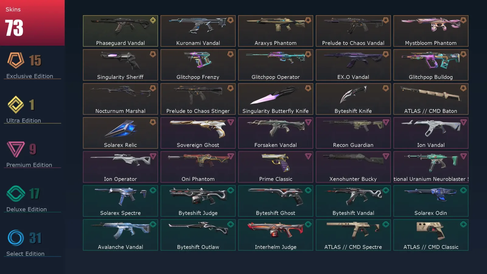 [Valorant] | EU | Level 87 | 28 Agents | 73 Skins