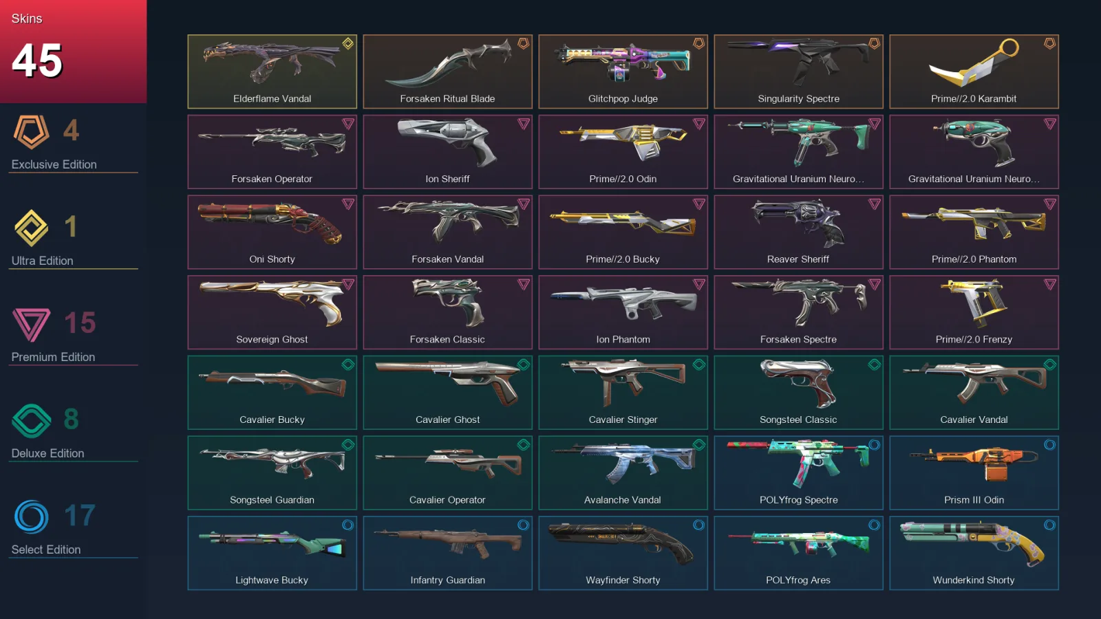 NA | Forsaken Ritual Blade | Glitchpop Judge | Singularity Spectre | Prime//2.0 Karambit | 45 Skin | 11 Agent | 32 Buddy | Lv28