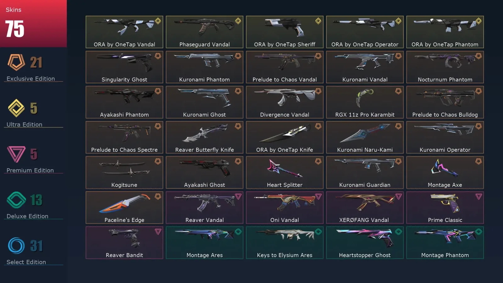 [Valorant] | EU | Level 64 | Platinum 2 | 22 Agents | 75 Skins