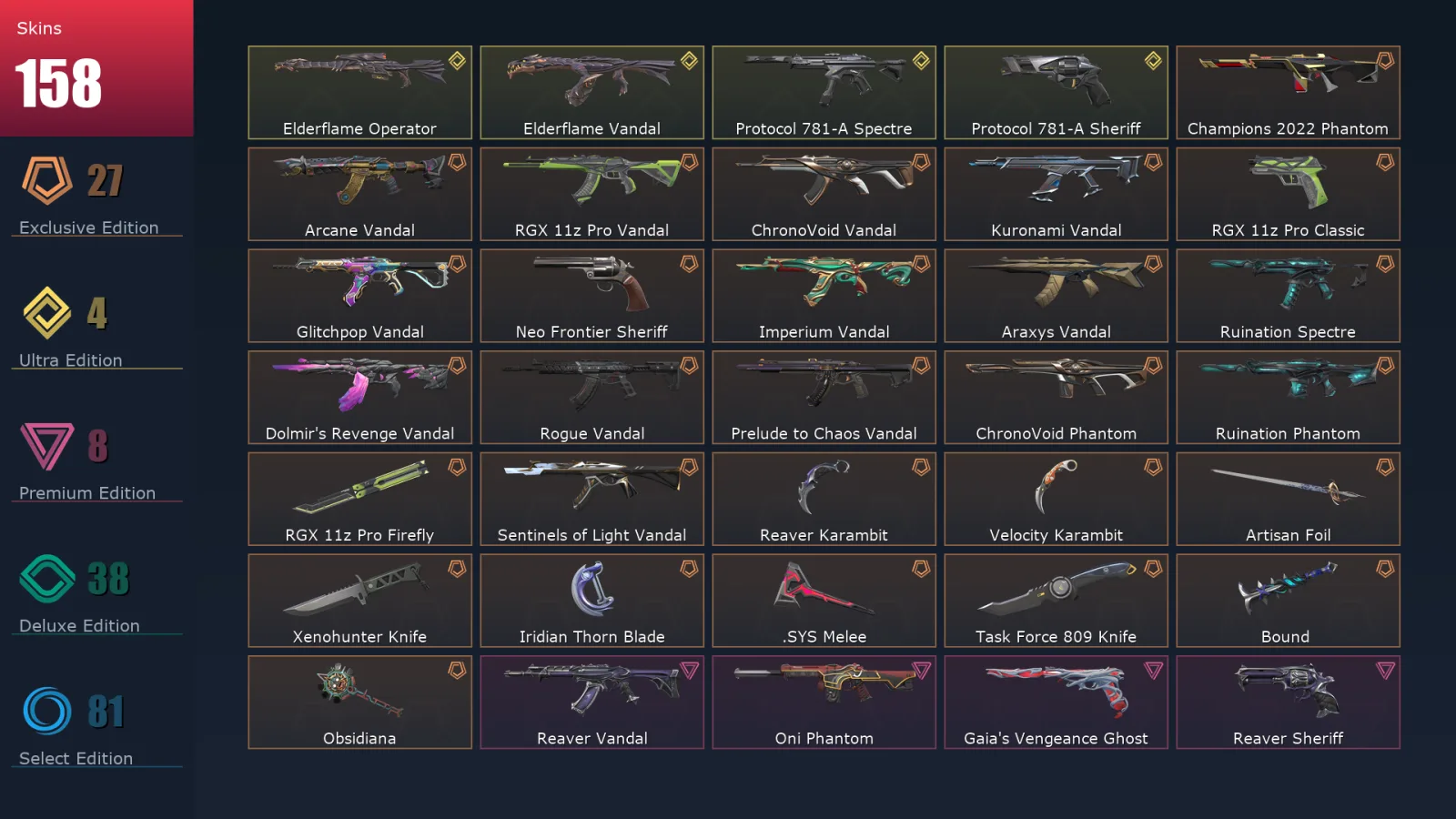 [Valorant] | EU | Level 413 | Gold 1 | 29 Agents | 158 Skins