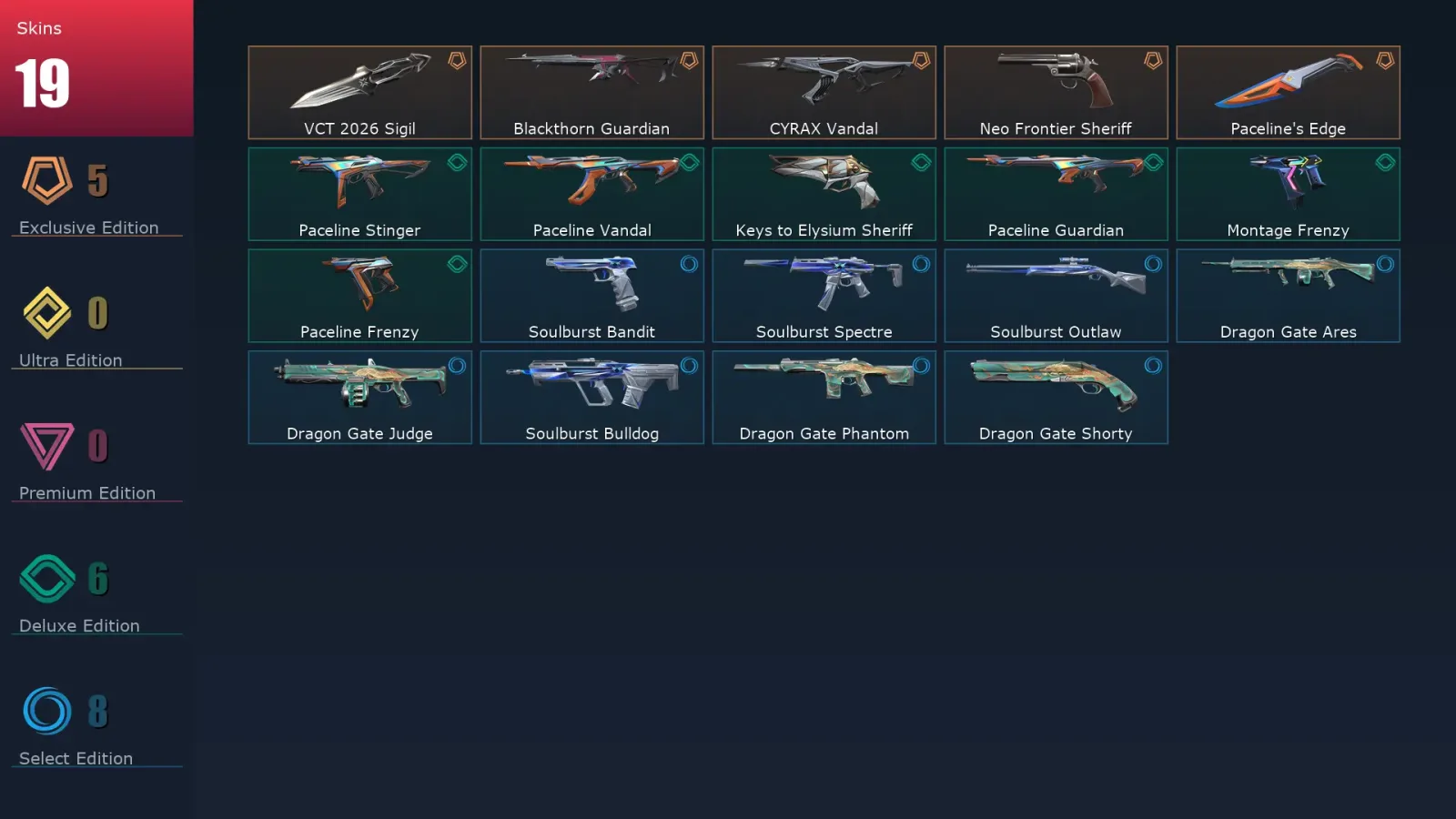 [Valorant] | EU | Level 54 | Gold 1 | 18 Agents | 19 Skins