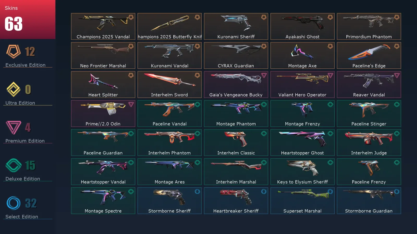 [Valorant] | EU | Level 143 | Gold 2 | 25 Agents | 63 Skins