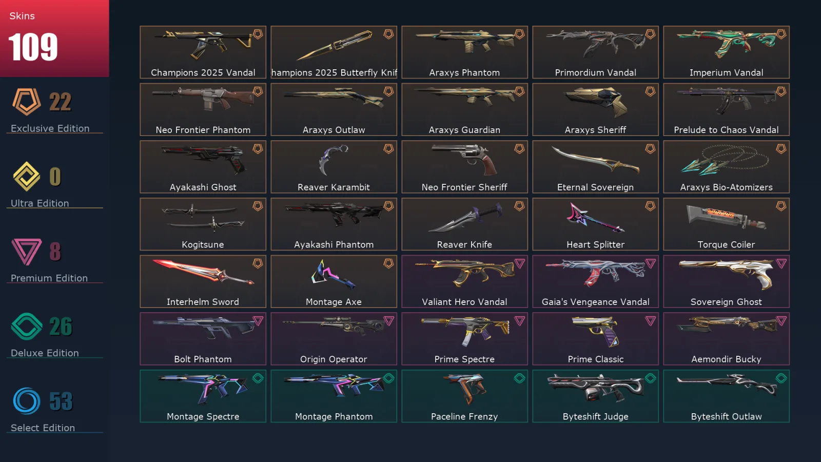 [Valorant] | EU | Level 131 | Diamond 1 | 29 Agents | 109 Skins