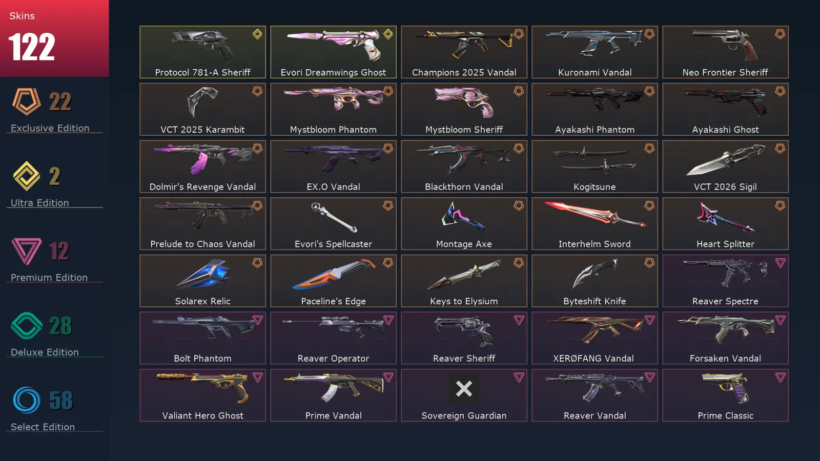 [Valorant] | EU | Level 289 | Silver 1 | 29 Agents | 122 Skins