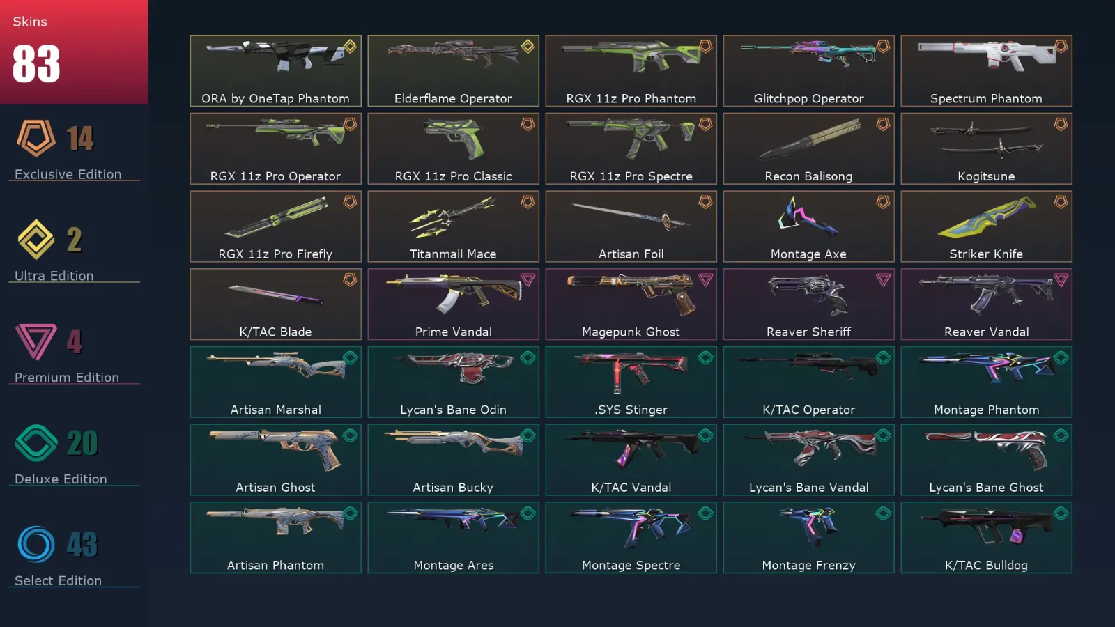 [Valorant] | EU | Level 139 | 24 Agents | 83 Skins