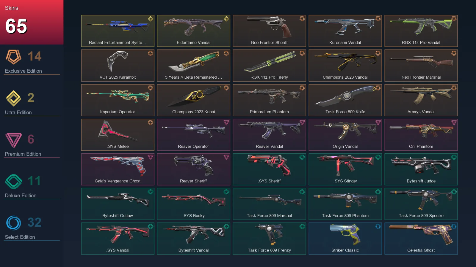 AP | Lv187 | Unranked | 65 Skin | 28 Agent | 105 Buddy