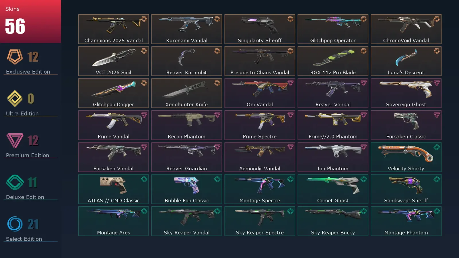 [Valorant] | EU | Level 208 | Ascendant 2 | 28 Agents | 56 Skins