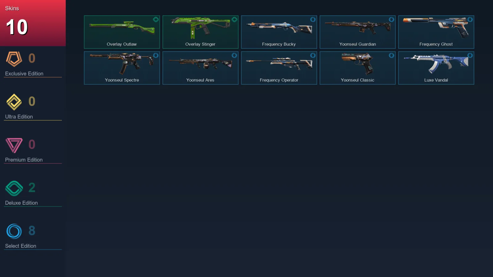 EU | Overlay Outlaw | Overlay Stinger | Frequency Bucky | Yoonseul Guardian | 10 Skin | 9 Agent | 8 Buddy | Lv19