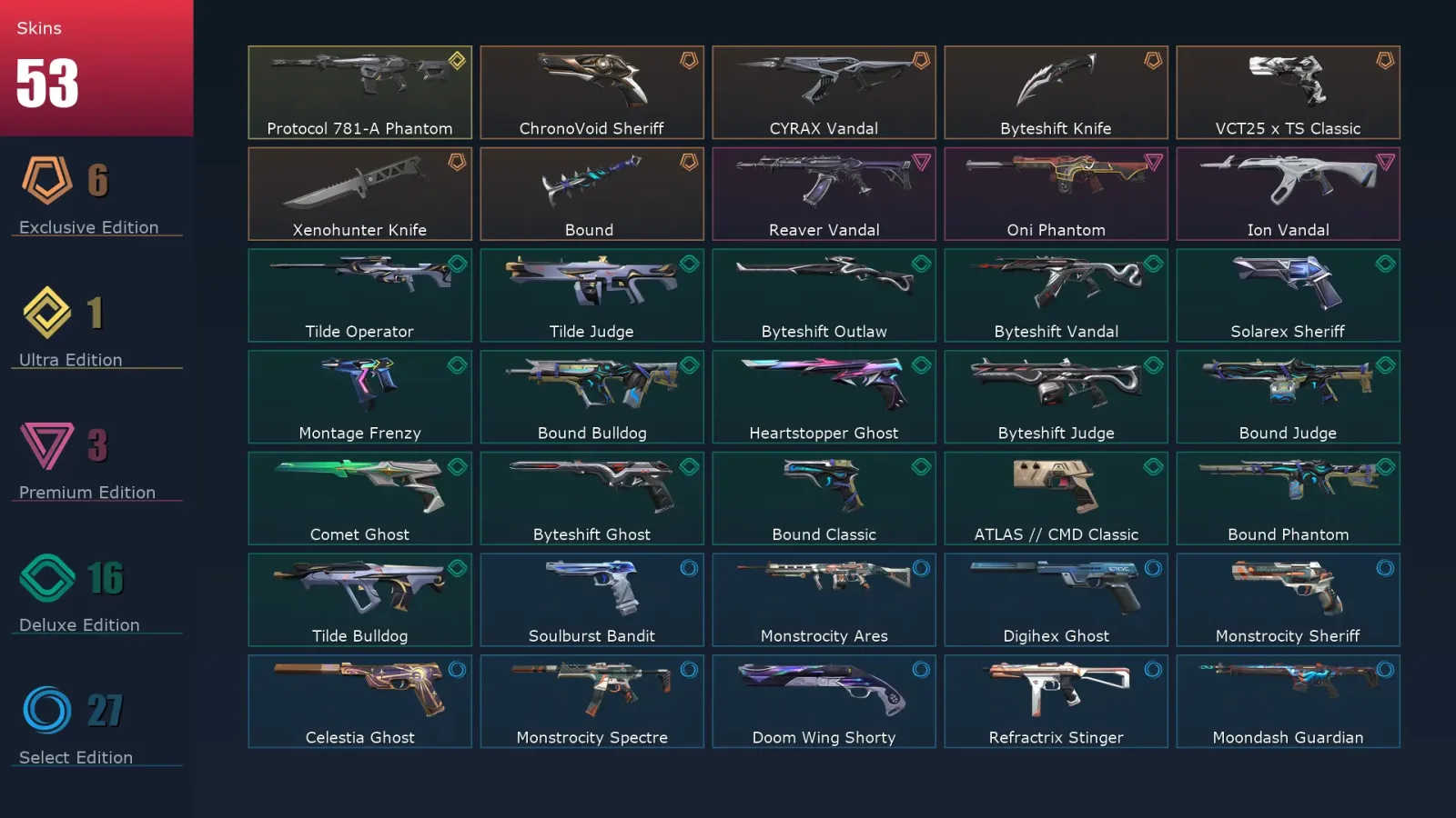 [Valorant] | EU | Level 209 | Gold 2 | 29 Agents | 53 Skins