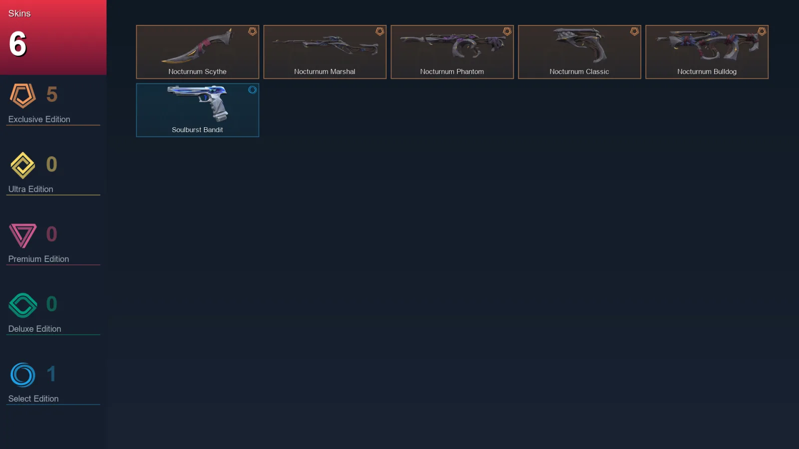 NA | Nocturnum Scythe | Nocturnum Marshal | Nocturnum Phantom | Nocturnum Classic | 6 Skin | 14 Agent | 12 Buddy | Lv31