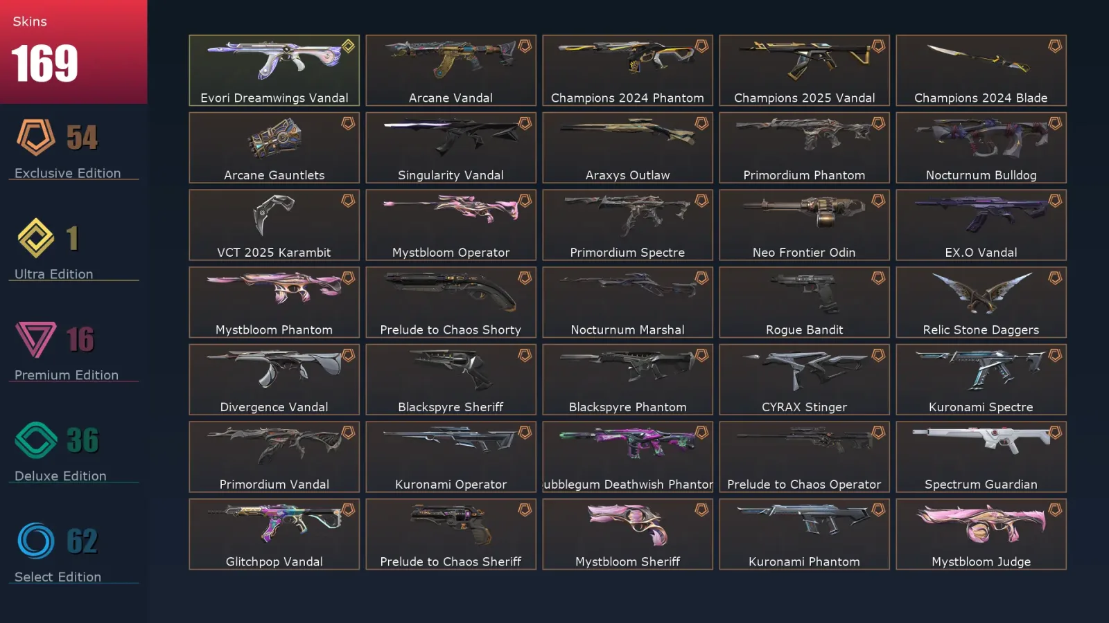[Valorant] | EU | Level 391 | Platinum 2 | 29 Agents | 169 Skins