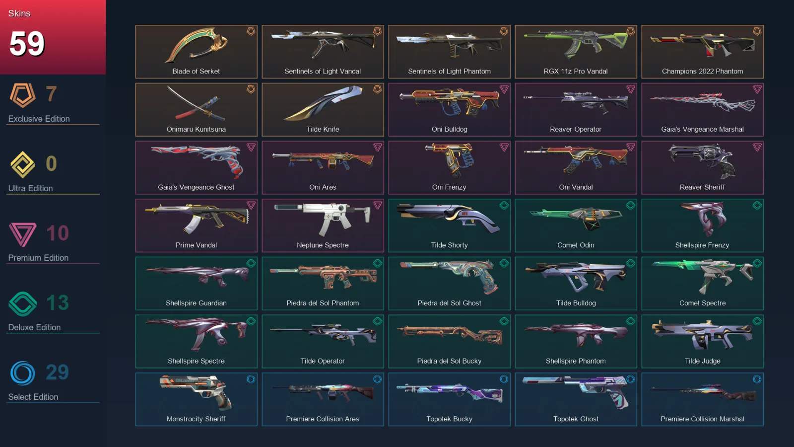 AP | Blade of Serket | Sentinels of Light Vandal | Sentinels of Light Phantom | RGX 11z Pro Vandal | 59 Skin | 27 Agent | 86 Buddy | Lv134